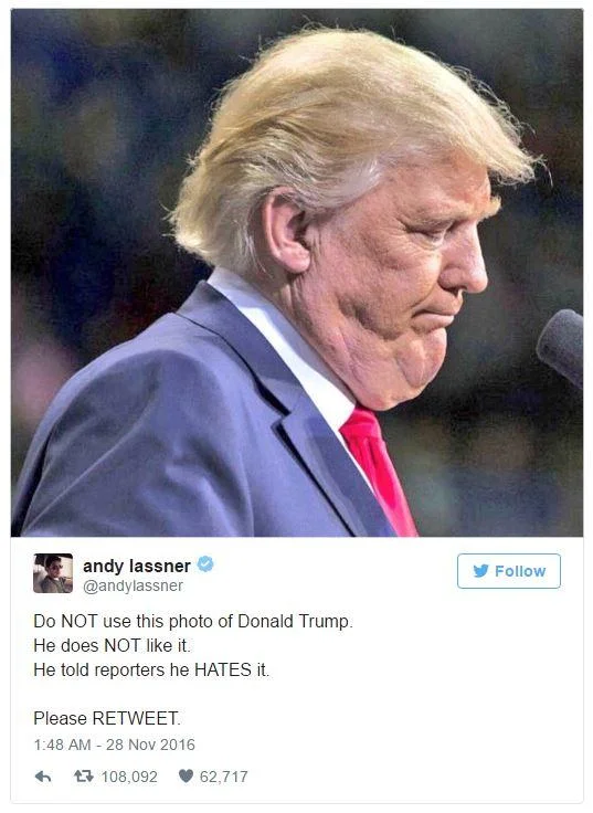 Unflattering Donald Trump — Twitter post with unflattering side-profile photograph.