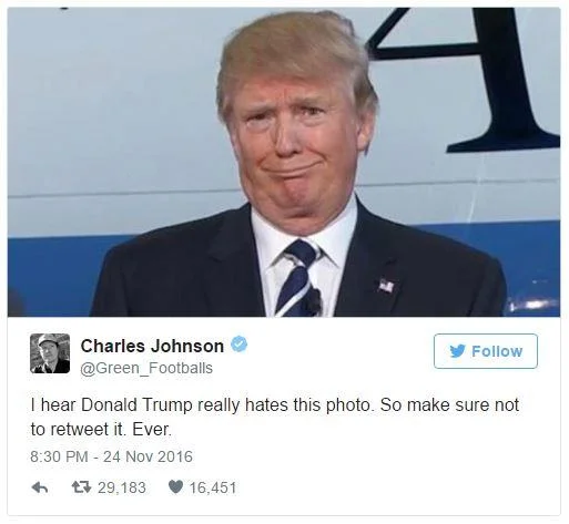 Unflattering Donald Trump — Twitter screenshot of unflattering Trump photo with social commentary.