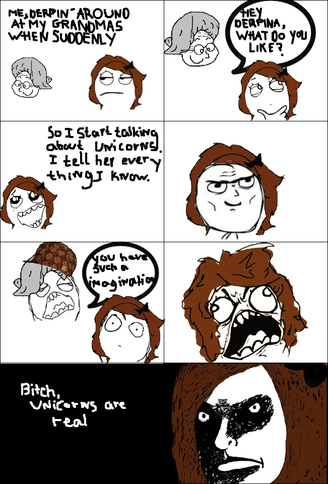 Unforgivable — Rage comic about Derpina arguing with her grandma that unicorns are real