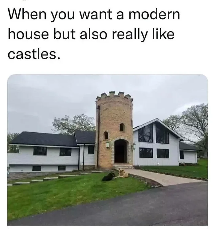 Unhinged Home Design — Modern home with medieval castle tower integrated into architecture.