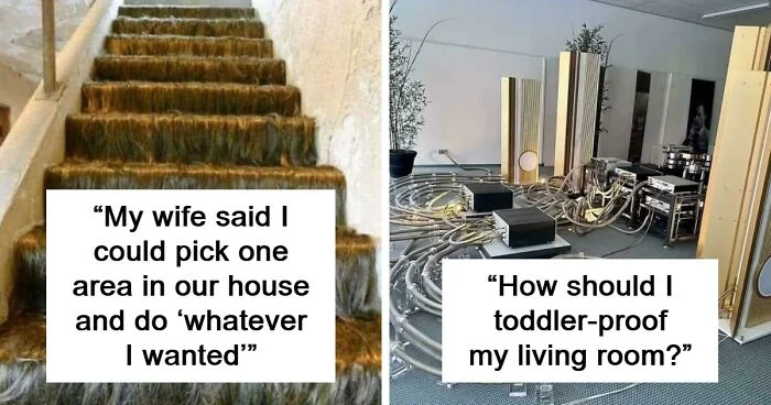 Unhinged Home Design — Two-panel meme with decaying stairs and chaotic exercise equipment room.