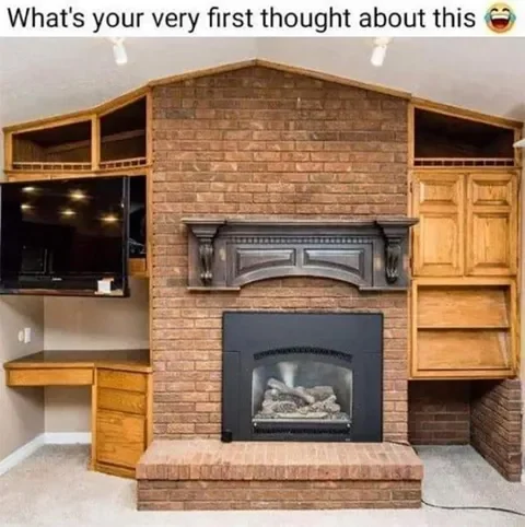 Unhinged Home Design — Brick fireplace surrounded by chaotic multiple shelving units.