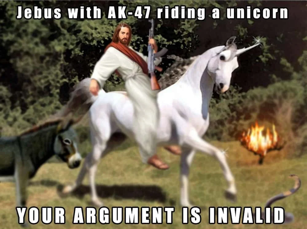 Comedic variation showing Jesus Christ riding white unicorn wielding AK-47 with invalid argument text.