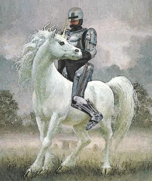 Classical digital painting of medieval knight in ornate armor riding white unicorn across misty battlefield.