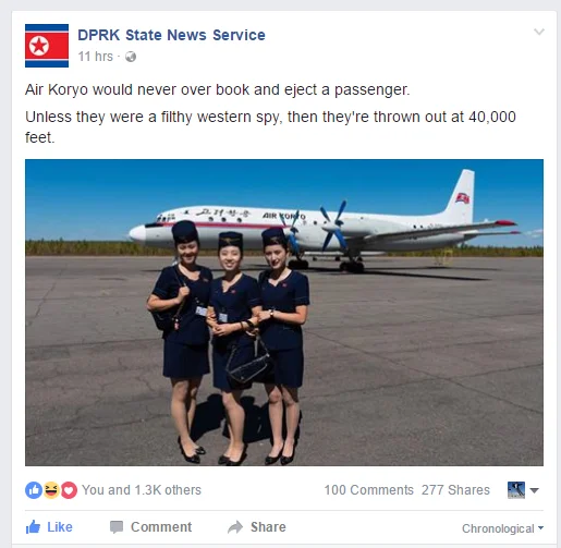United Airlines Passenger Removal — Fake DPRK news post joking Air Koryo would never overbook like United