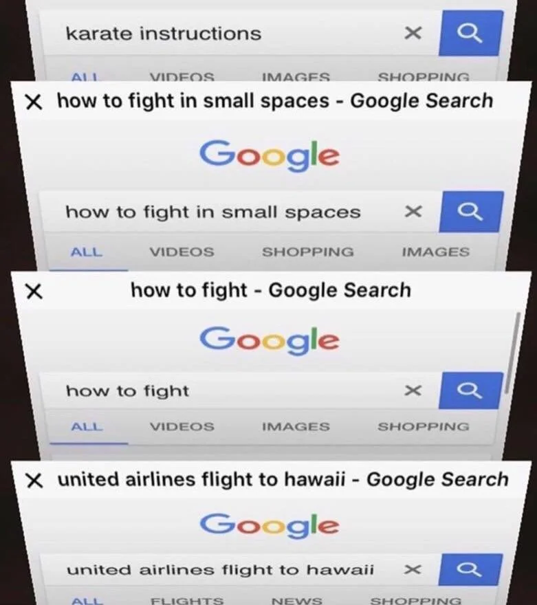 United Airlines Passenger Removal — Fake Google searches joking about preparing to fight on a United flight