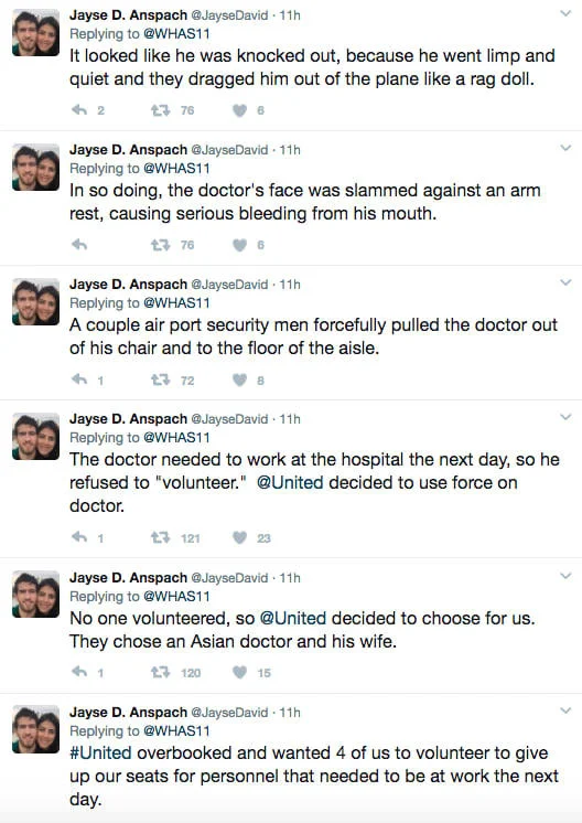 United Airlines Passenger Removal — Twitter thread from Jayse Anspach describing United Flight 3411 incident