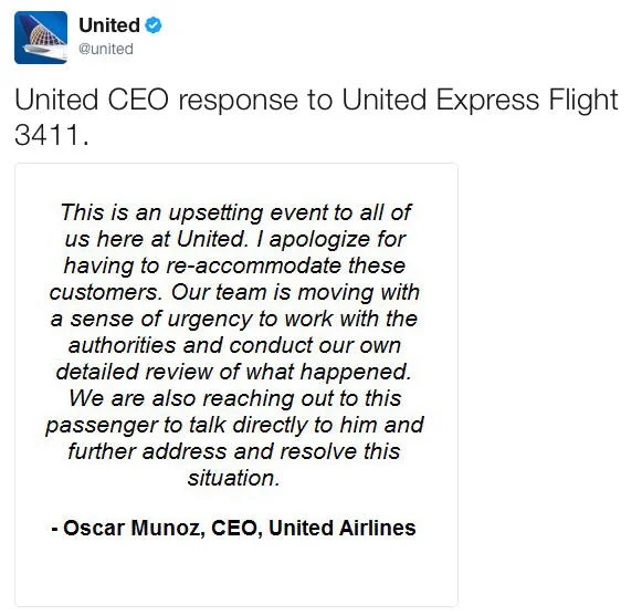 United Airlines Passenger Removal — Screenshot of United Airlines CEO Oscar Munoz's re-accommodate tweet