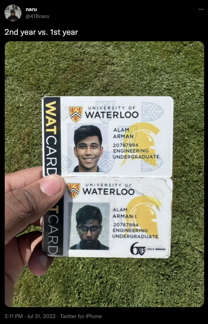 University of Waterloo Student ID — Twitter screenshot by @416naru with caption '2nd year vs. 1st year' showing the viral Waterloo WatCard comparison image.
