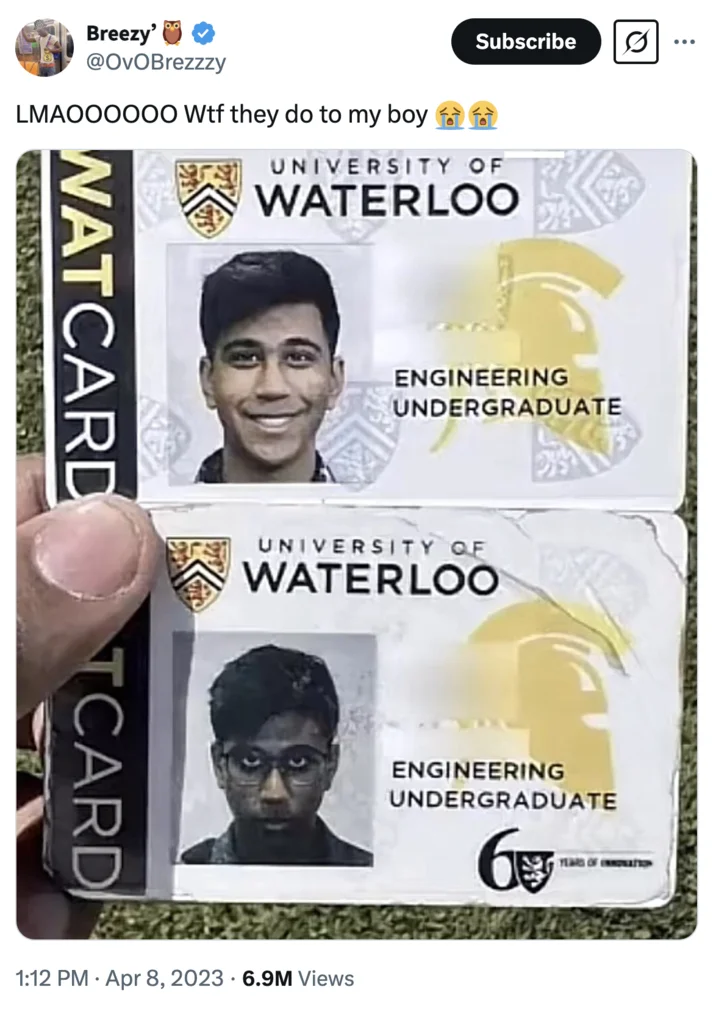 University of Waterloo Student ID — Twitter screenshot by @OvOBrezzzy showing the Waterloo WatCard comparison with the caption 'LMAOOOOOO Wtf they do to my