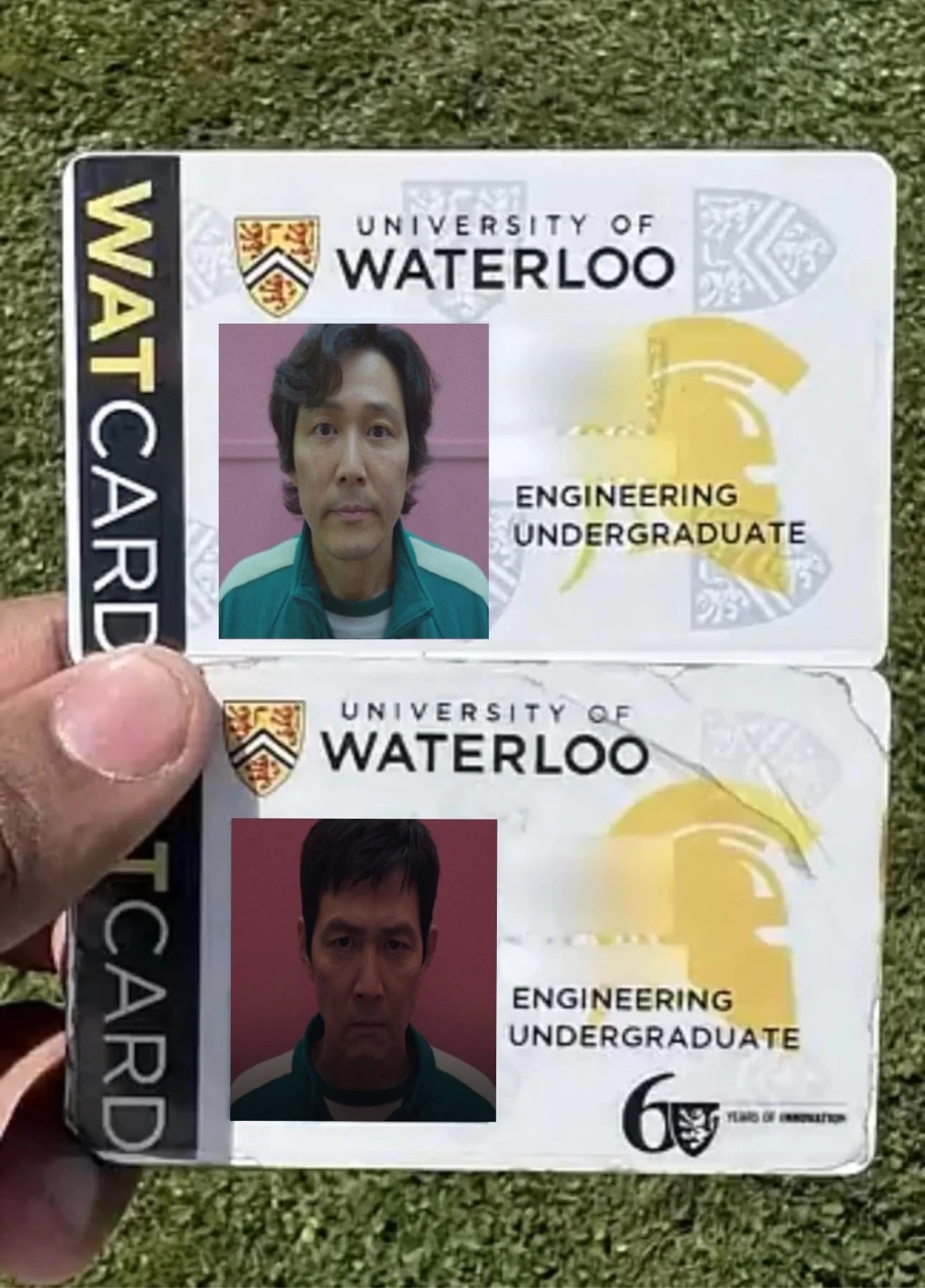 University of Waterloo Student ID — Edited Waterloo WatCard meme with Squid Game character Seong Gi-hun replacing the student photos on both ID cards.