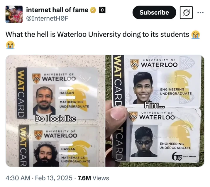 University of Waterloo Student ID — Twitter screenshot comparing two Waterloo student WatCard before-and-after transformations, Hassan on the left and Alam