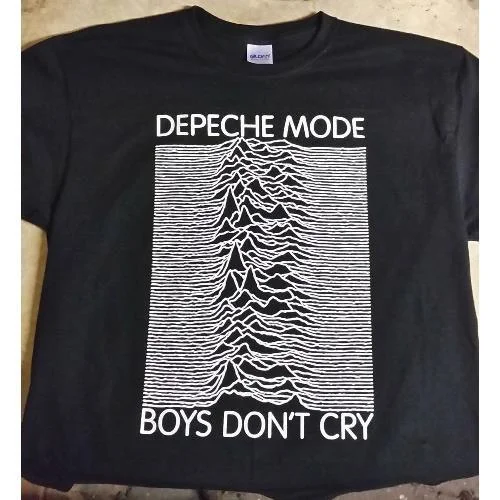 Black t-shirt with Unknown Pleasures art mislabeled 'Depeche Mode / Boys Don't Cry'