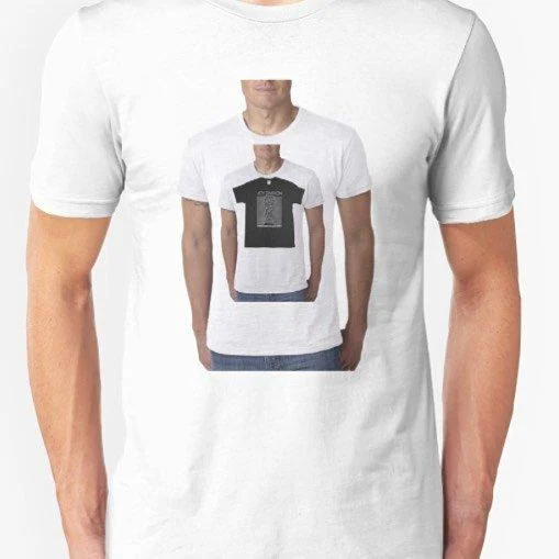 White t-shirt printed with an image of a man wearing a Joy Division Unknown Pleasures shirt