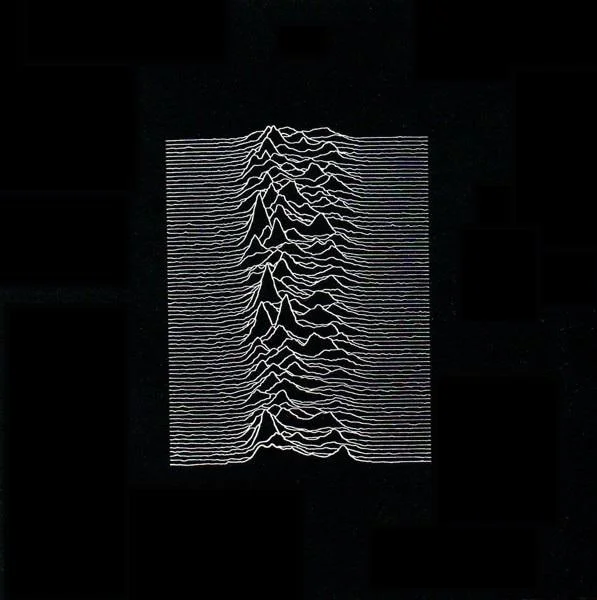 Square scan of Joy Division's Unknown Pleasures album cover with pulsar waveforms