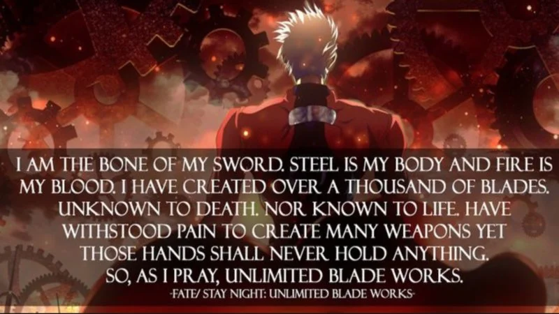 Unlimited Blade Works — Archer in red coat standing in reality marble surrounded by swords.