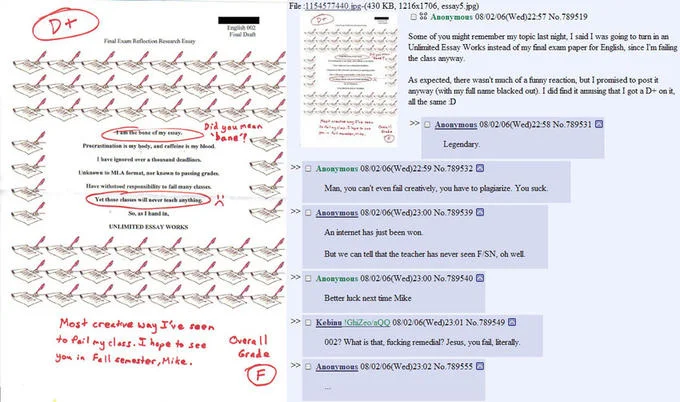 Unlimited Blade Works — Handwritten essay parody graded D+ with 4chan thread discussion.