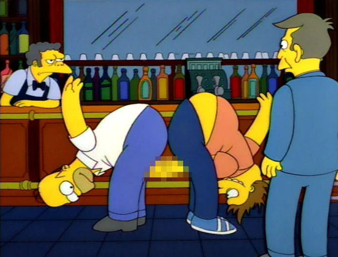 Unnecessary Censorship — Simpsons scene of Homer and Barney bent over at a bar shaking hands between their legs with pixelated censorship