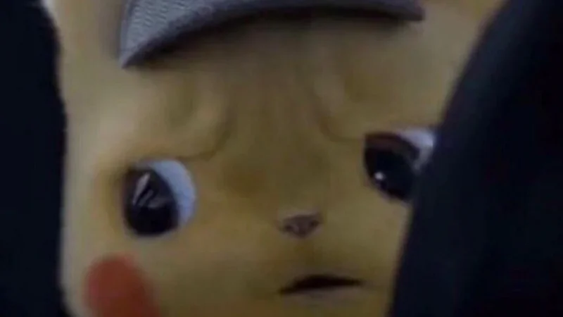 Unsettled Detective Pikachu — Close-up of Detective Pikachu wearing a deerstalker hat with a nervous, unsettled expression and wide, uneven eyes.