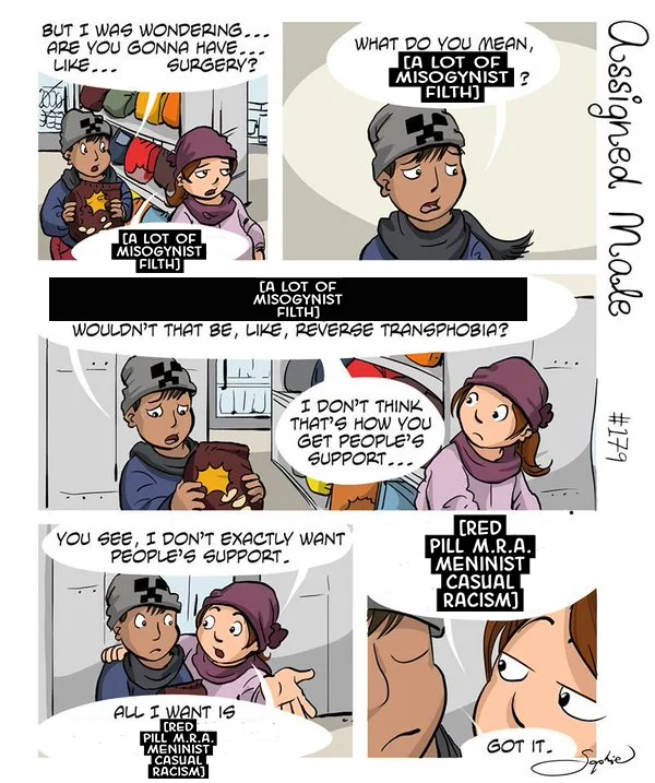 [Unsolicited Opinions on Israel???] — Assigned Male comic #179 with speech bubbles overwritten by the misogynist-filth and red-pill MRA censor bars.