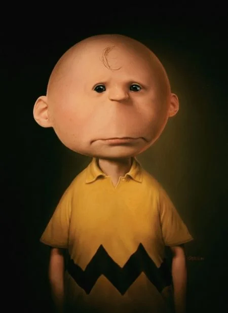 Untoons — Photorealistic Charlie Brown as a bald child in yellow zigzag shirt looking melancholy