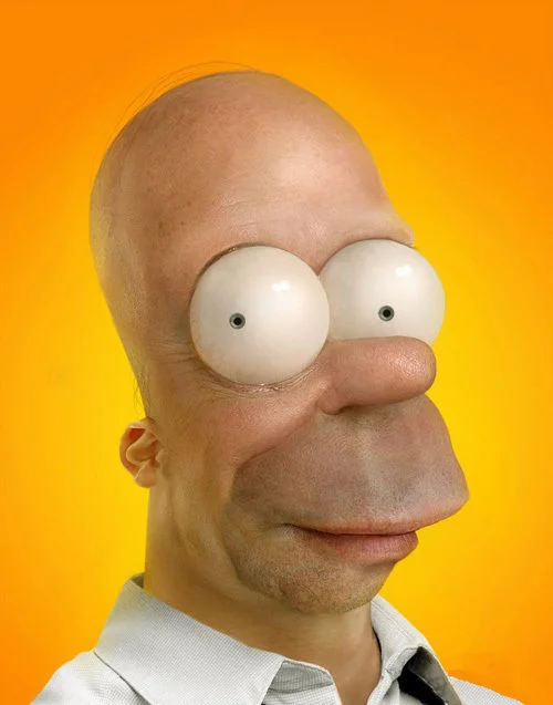 Untoons — Photorealistic Homer Simpson with bulging white eyes and elongated jaw on yellow background