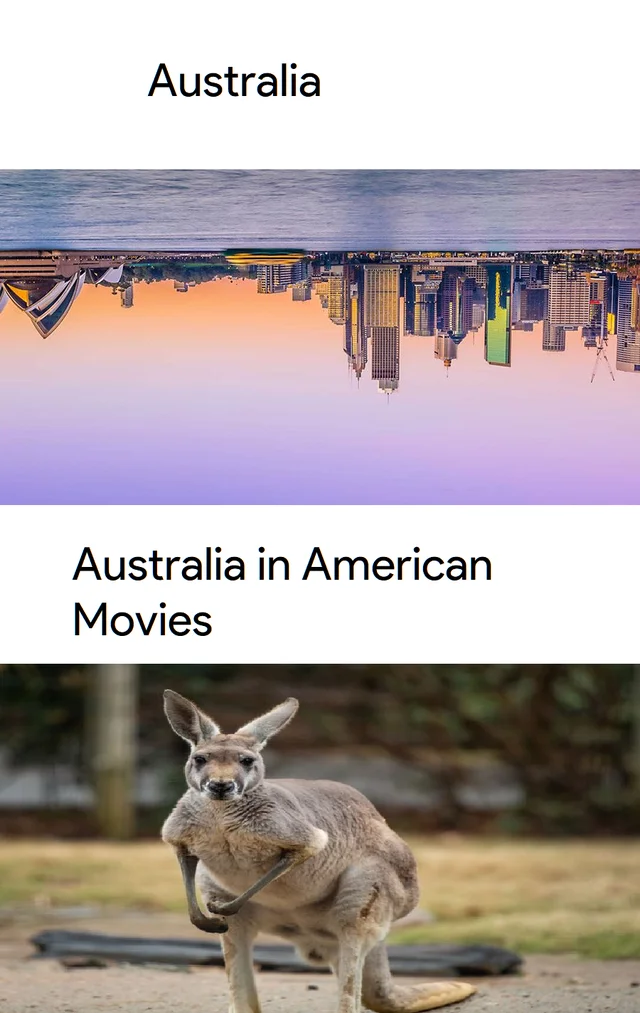 Upside-Down Australia — Two-panel meme comparing an upside-down Sydney skyline with a kangaroo as 'Australia in American Movies'