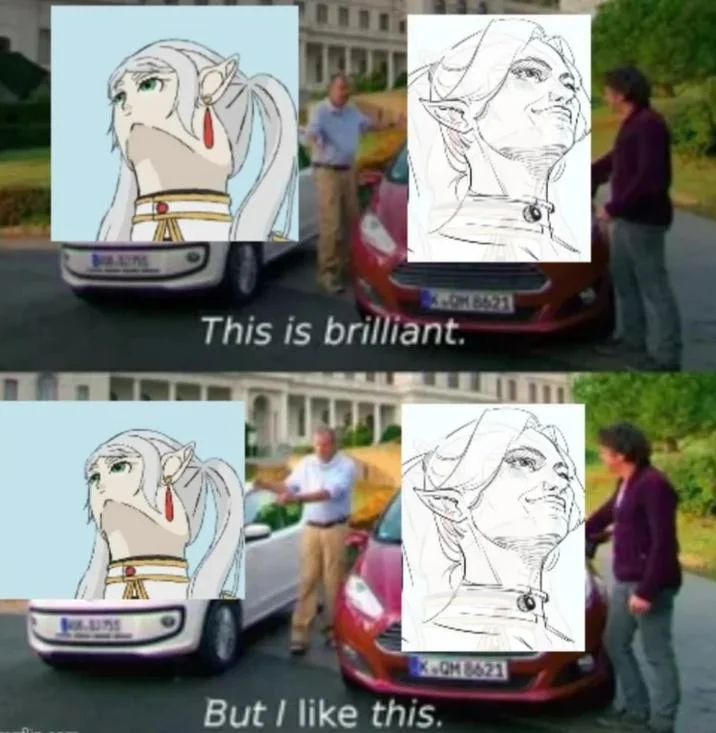 Upward Angle Frieren Drawing Frieren Looking Up — Four-panel comparison meme with Frieren and car scene.