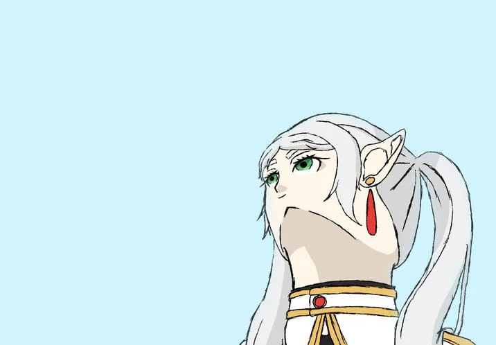 Upward Angle Frieren Drawing Frieren Looking Up — Fan art of Frieren from upward angle with distorted elongated chin.