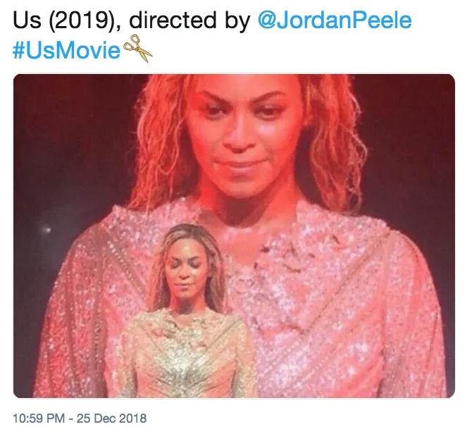 Us (2019 Film) — Image of Beyoncé next to a miniature duplicate of herself, captioned as Us (2019) directed by Jordan Peele.
