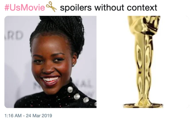Us (2019 Film) — Lupita Nyong'o smiling next to an Oscar statuette, captioned as Us Movie spoilers without context.