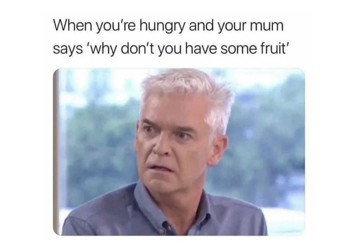 Useless — Man's unamused expression with fruit suggestion caption.