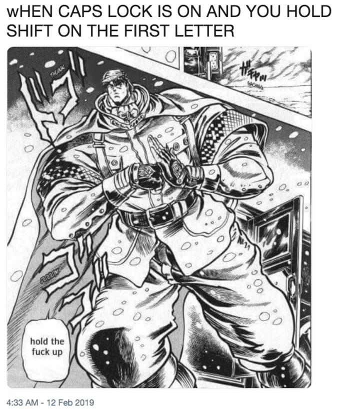 Using the Shift Key When Caps Lock Is On — Manga panel of a huge-bodied warrior figure in snow, captioned about Caps Lock and Shift typing.