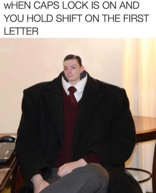 Using the Shift Key When Caps Lock Is On — ReviewBrah in oversized black coat with meme caption about Caps Lock and Shift.