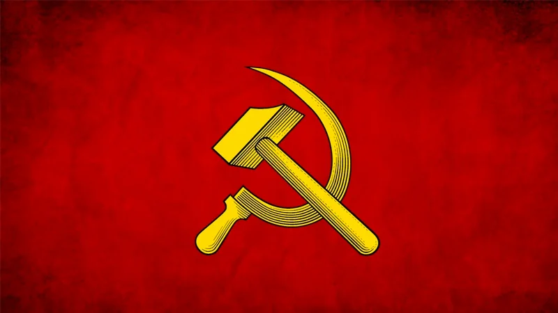 USSR Anthem — Red Soviet flag with yellow hammer and sickle emblem on a grunge texture background