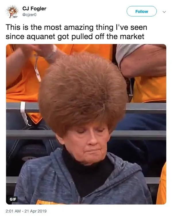 Tweet by CJ Fogler sharing the Utah Jazz fan hair image with Aqua Net joke