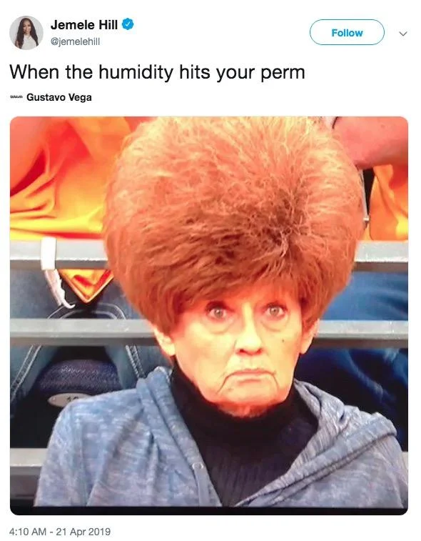 Utah Jazz Fan Hair — Jemele Hill tweet captioned 'When the humidity hits your perm' with Jazz fan