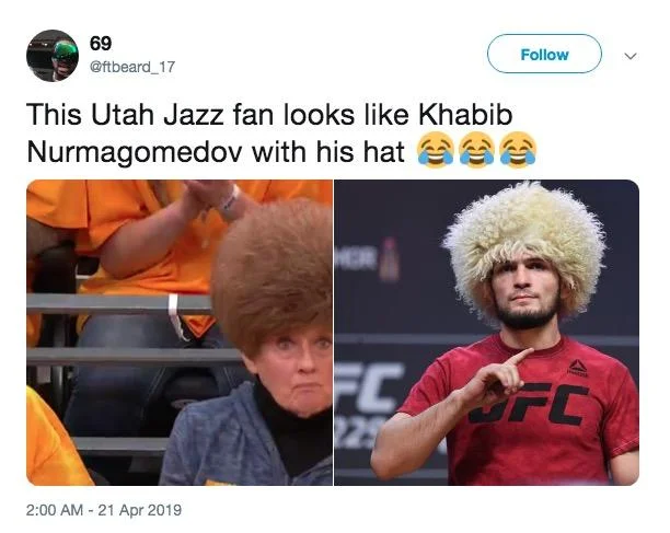 Tweet comparing Utah Jazz fan hair to Khabib Nurmagomedov's papakha hat