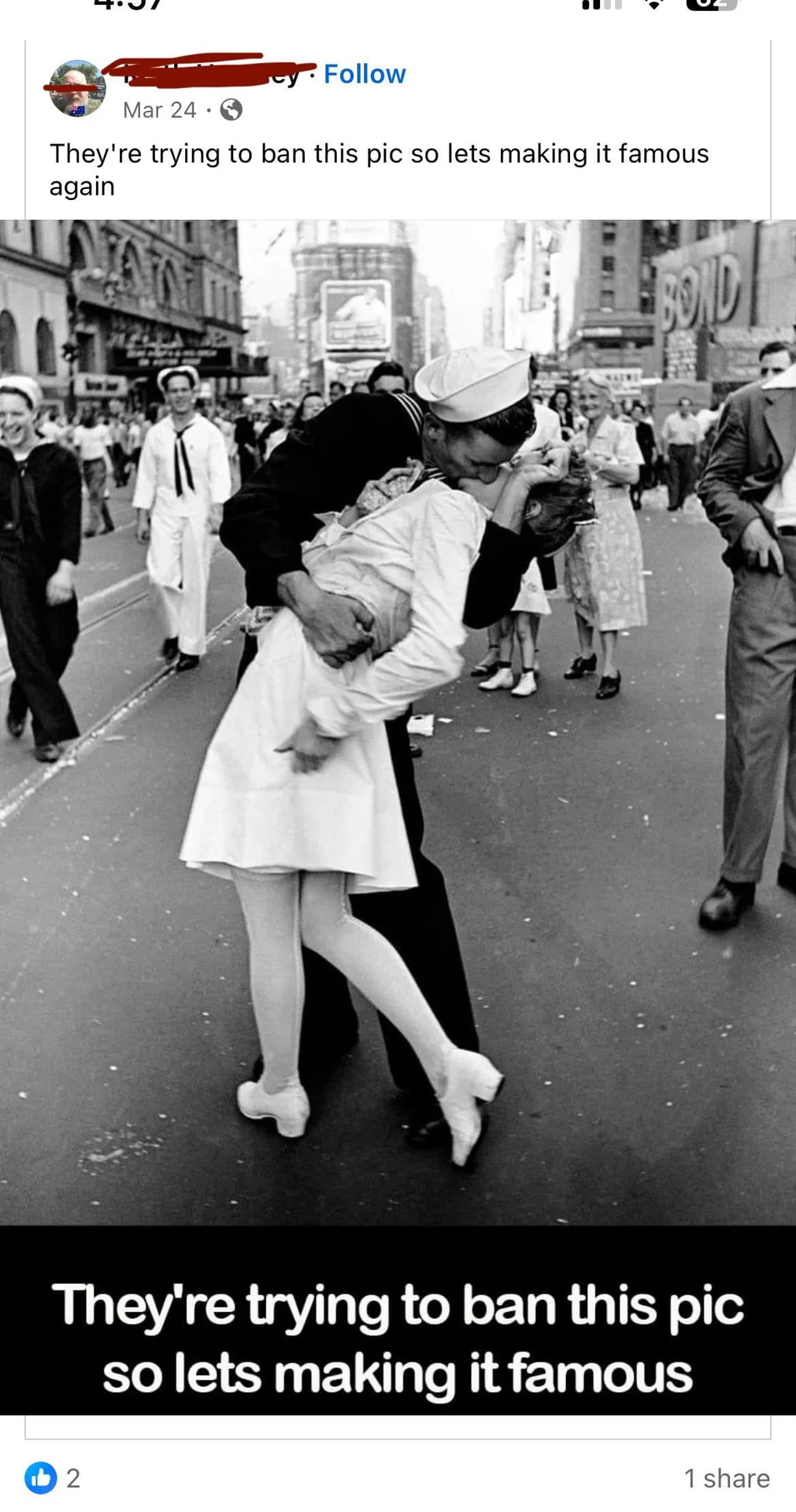 V-J Day in Times Square — Facebook screenshot of the V-J Day kiss photo with a caption protesting attempts to ban it