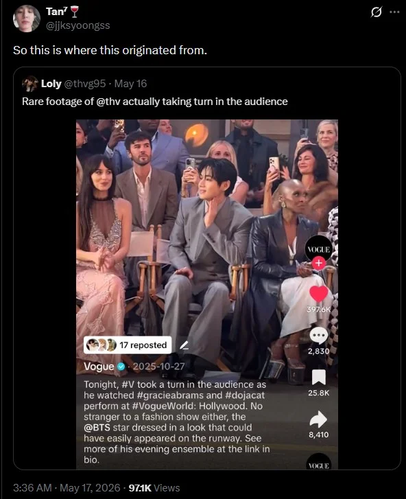 V Stepped Into The Crowd — Twitter screenshot showing Vogue post of V at VogueWorld Hollywood event