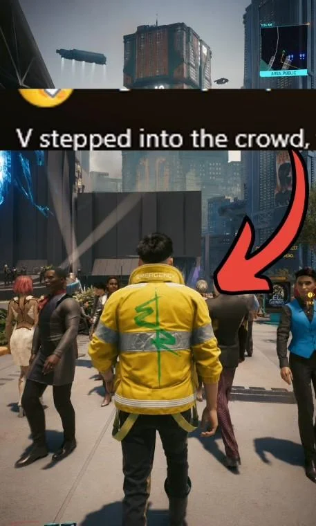 V Stepped Into The Crowd — Cyberpunk 2077 screenshot of character V walking into a crowd of NPCs