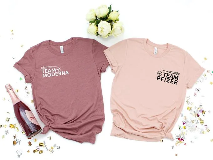Vaccine Gangs — Two t-shirts labeled Team Moderna and Team Pfizer displayed with syringe graphics