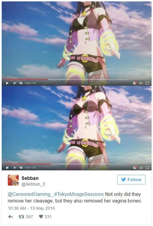Tweet comparing two Tokyo Mirage Sessions screenshots and complaining that the character's 'vagina bones' were removed in censorship.