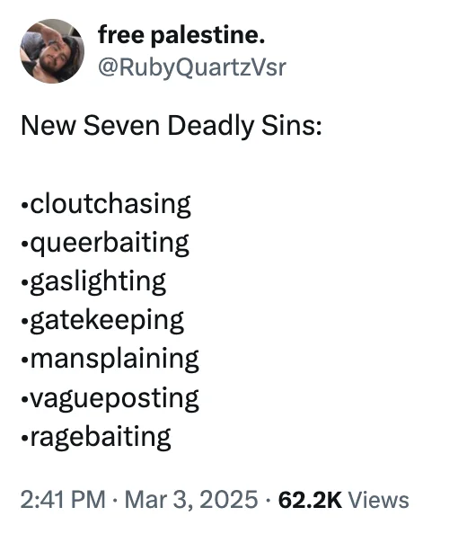 Tweet listing new seven deadly sins of online behavior including vagueposting