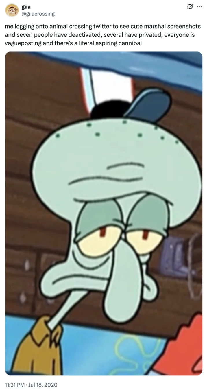 Squidward reaction meme about Animal Crossing Twitter drama and vagueposting