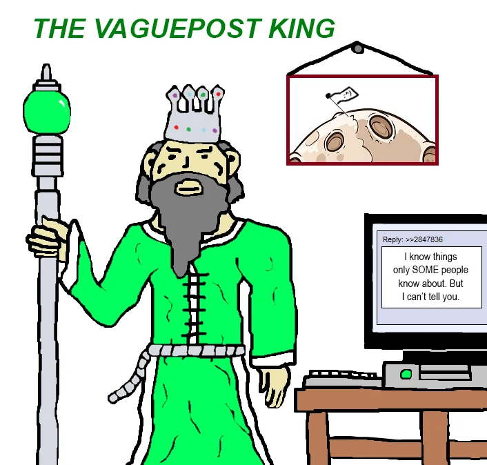 Vagueposting — Cartoon of medieval king at computer making a vague post titled The Vaguepost King