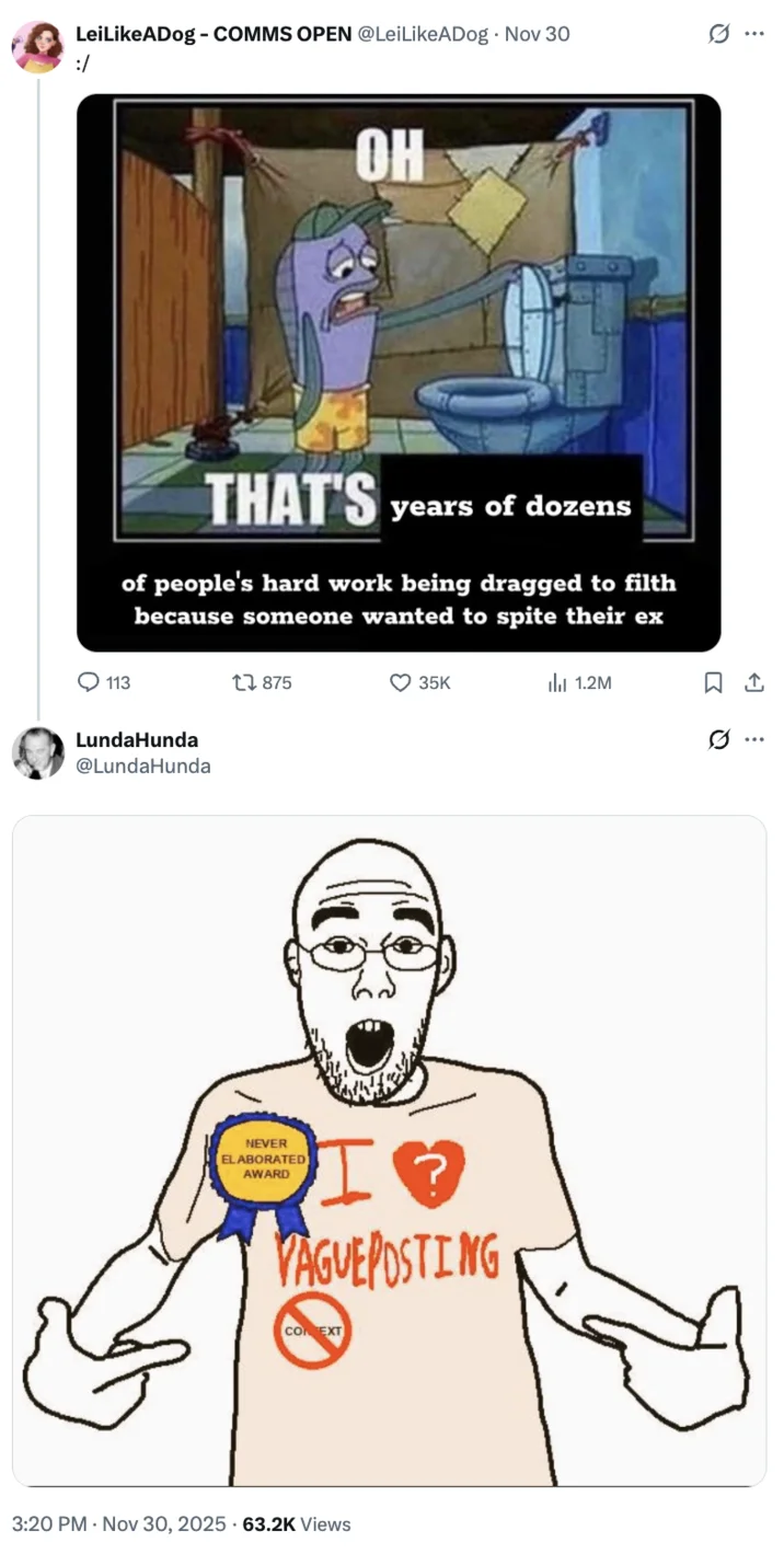 Twitter thread with vagueposting callout using the iconic vagueposting meme character