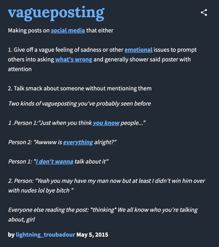 Urban Dictionary definition of vagueposting from 2015 explaining two types of vague posts