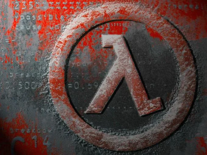 Valve — Weathered Half-Life lambda logo on a grungy red and gray background
