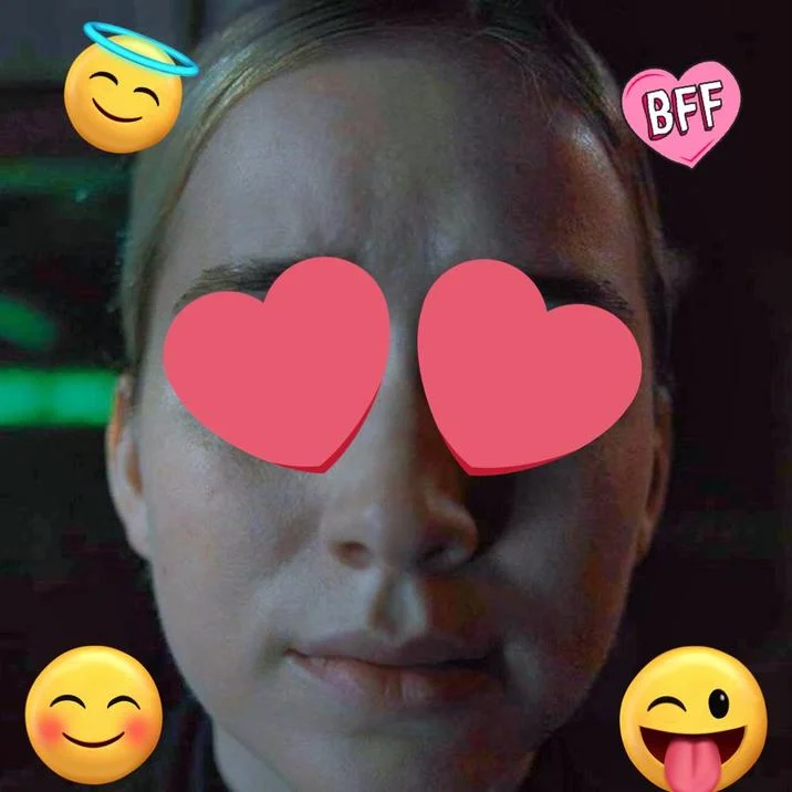 Vanessa Stare (FNAF) — Vanessa's stare covered with heart eyes, halo, BFF heart, and smiley emoji stickers